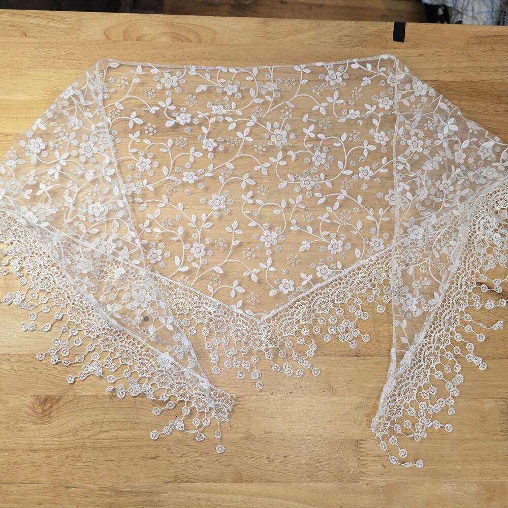 White Cottagecore Head Scarf Bandana Lace Floral Sparkly